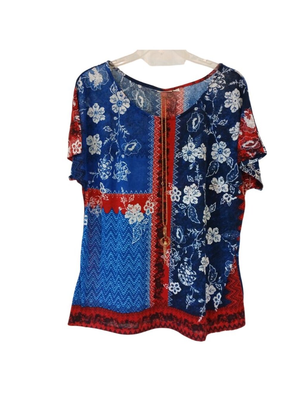 Avenue Size 26/28 Floral Patchwork Top W/ Necklace Red & Blue Short Sleeve #D18 - Picture 7 of 10